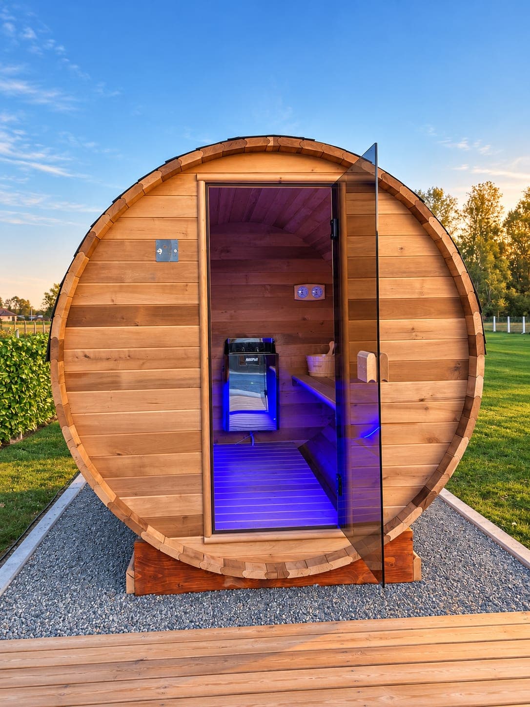 Vanjska sauna bure sa otvorenim vratima u večernjoj atmosferi